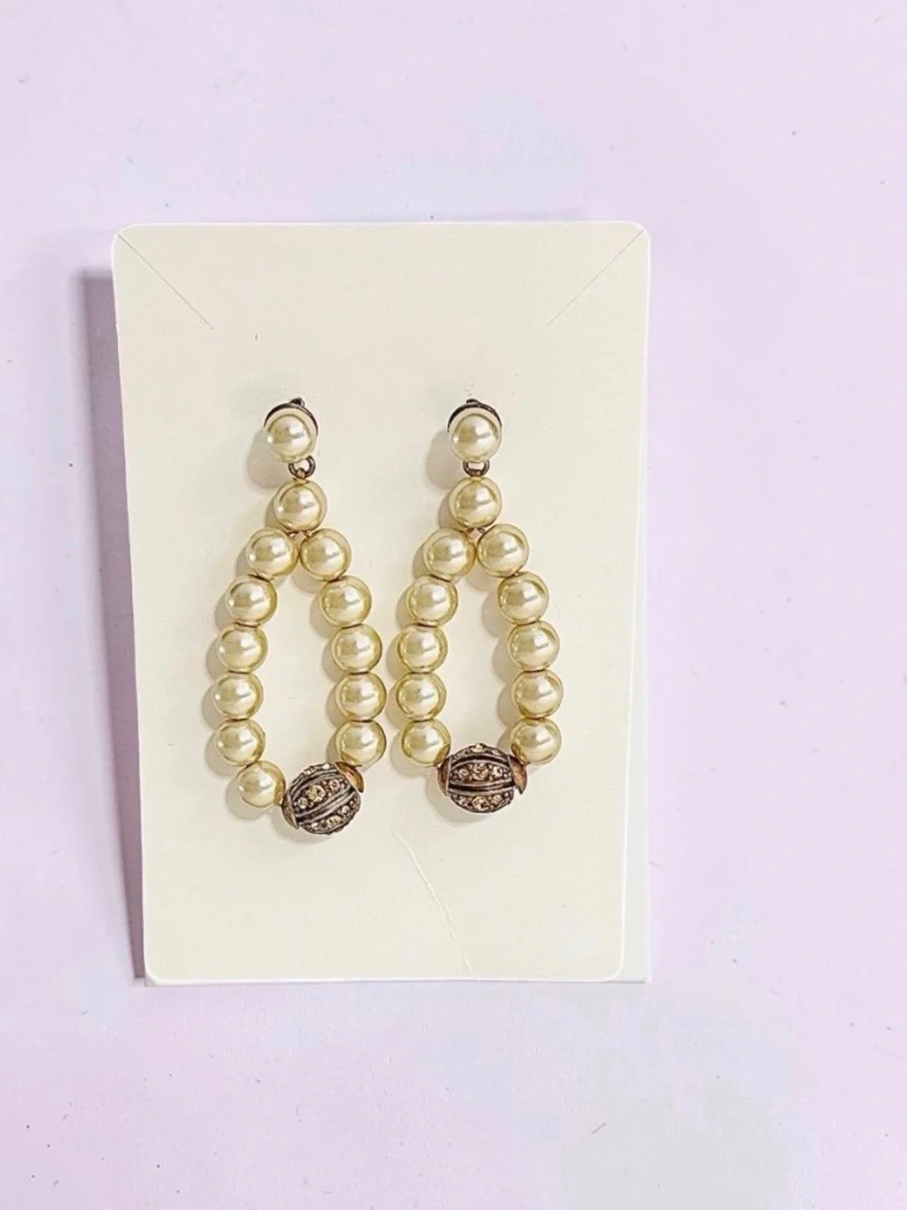 Faux Pearl Teardrop Dangle Earrings Gold Tone Rhinestone